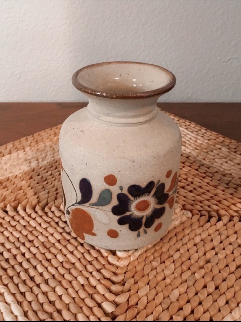Vintage Cream Ceramic Vase with Blue and Orange Floral Motif